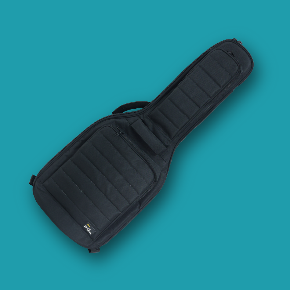 Black guitar case on a teal background